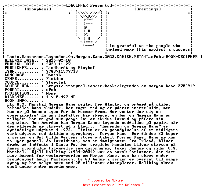 NFO for the release Louis.Masterson.Legenden.Om.Morgan.Kane.2023.DANiSH.RETAiL.ePub.eBOOK-DECiPHER by DECiPHER