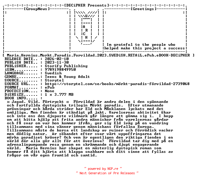 NFO for the release Maria.Hernius.Morkt.Paradis.Forvildad.2023.SWEDiSH.RETAiL.ePub.eBOOK-DECiPHER by DECiPHER