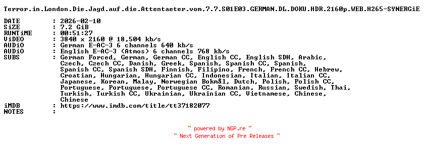 NFO for the release Terror.in.London.Die.Jagd.auf.die.Attentaeter.vom.7.7.S01E03.GERMAN.DL.DOKU.HDR.2160p.WEB.H265-SYNERGiE by SYNERGiE