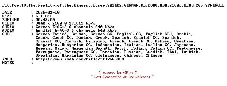 NFO for the release Fit.for.TV.The.Reality.of.the.Biggest.Loser.S01E02.GERMAN.DL.DOKU.HDR.2160p.WEB.H265-SYNERGiE by SYNERGiE