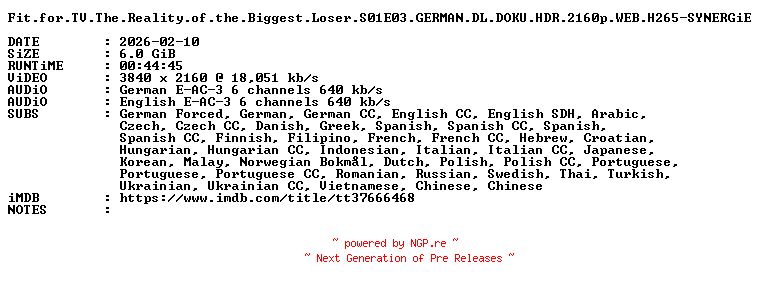 NFO for the release Fit.for.TV.The.Reality.of.the.Biggest.Loser.S01E03.GERMAN.DL.DOKU.HDR.2160p.WEB.H265-SYNERGiE by SYNERGiE