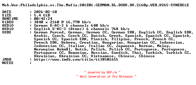 NFO for the release Mob.War.Philadelphia.vs.The.Mafia.S01E01.GERMAN.DL.DOKU.DV.2160p.WEB.H265-SYNERGiE by SYNERGiE