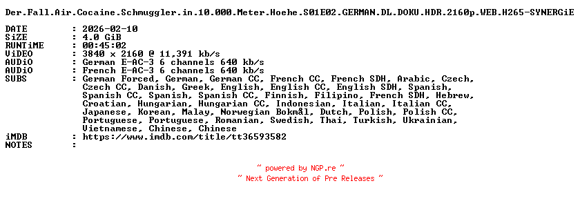 NFO for the release Der.Fall.Air.Cocaine.Schmuggler.in.10.000.Meter.Hoehe.S01E02.GERMAN.DL.DOKU.HDR.2160p.WEB.H265-SYNERGiE by SYNERGiE