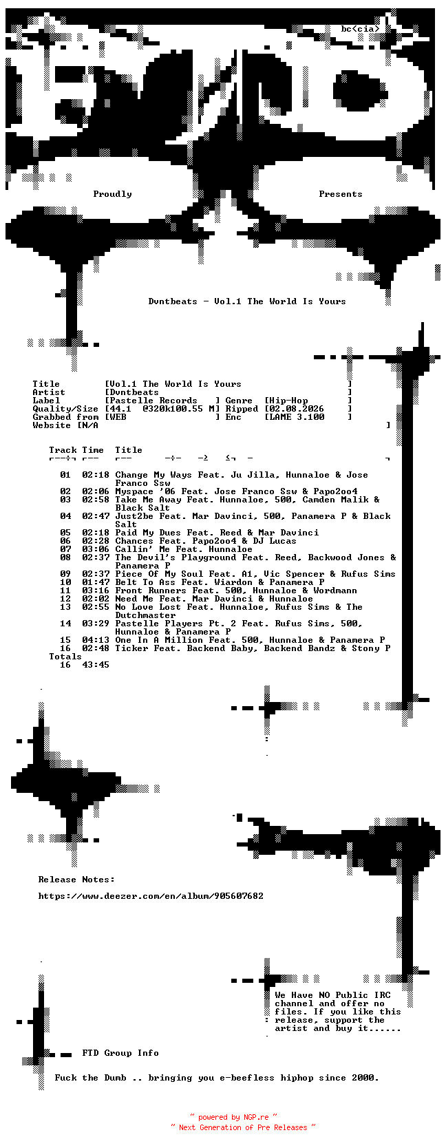 NFO for the release Dvntbeats-Vol.1_The_World_Is_Yours-WEB-2026-FTD by FTD