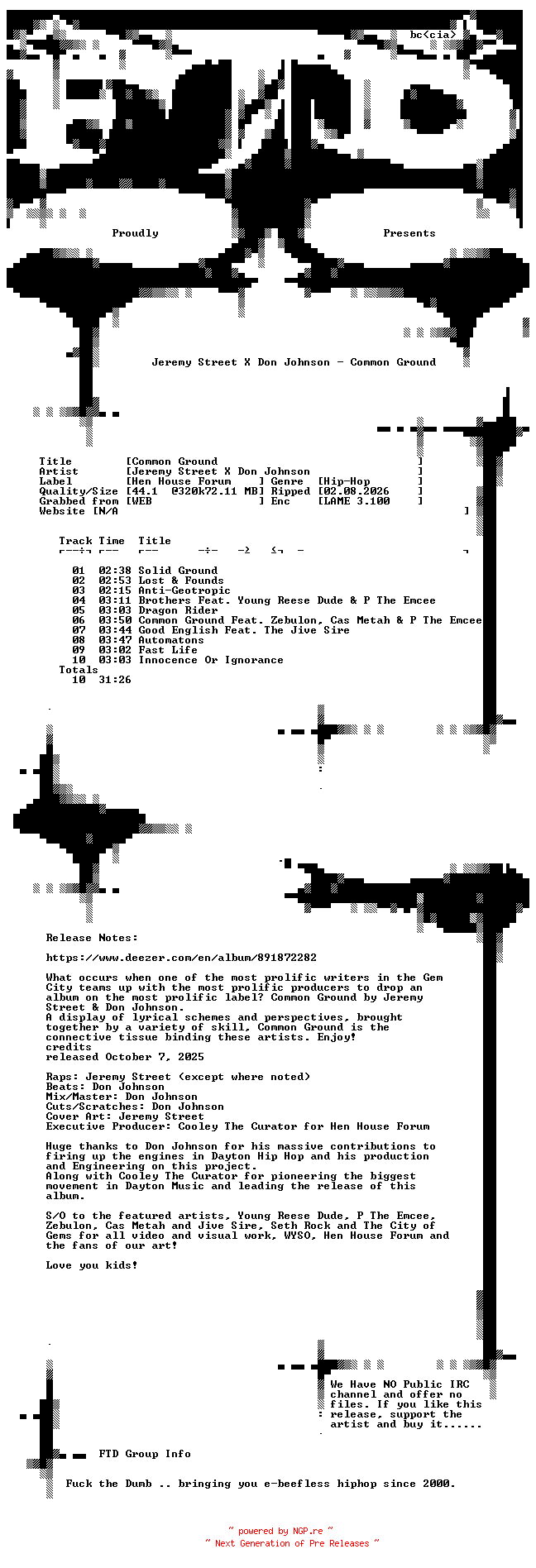 NFO for the release Jeremy_Street_x_Don_Johnson-Common_Ground-WEB-2026-FTD by FTD