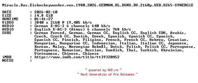 NFO for the release Miracle.Das.Eishockeywunder.von.1980.2026.GERMAN.DL.DOKU.DV.2160p.WEB.H265-SYNERGiE by SYNERGiE