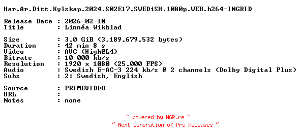 NFO for the release Har.Ar.Ditt.Kylskap.2024.S02E17.SWEDiSH.1080p.WEB.h264-INGRID by INGRID