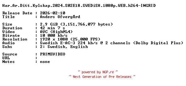 NFO for the release Har.Ar.Ditt.Kylskap.2024.S02E18.SWEDiSH.1080p.WEB.h264-INGRID by INGRID