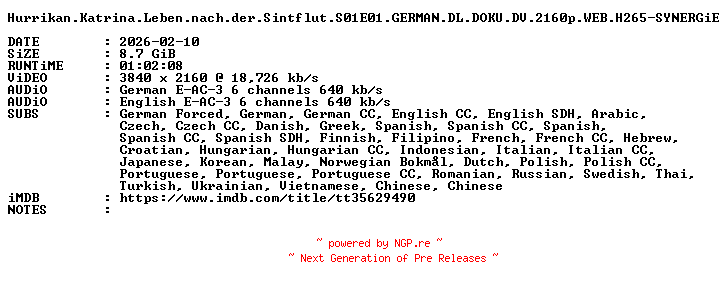 NFO for the release Hurrikan.Katrina.Leben.nach.der.Sintflut.S01E01.GERMAN.DL.DOKU.DV.2160p.WEB.H265-SYNERGiE by SYNERGiE