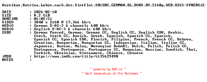 NFO for the release Hurrikan.Katrina.Leben.nach.der.Sintflut.S01E02.GERMAN.DL.DOKU.DV.2160p.WEB.H265-SYNERGiE by SYNERGiE