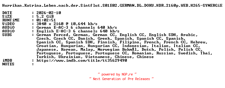 NFO for the release Hurrikan.Katrina.Leben.nach.der.Sintflut.S01E02.GERMAN.DL.DOKU.HDR.2160p.WEB.H265-SYNERGiE by SYNERGiE