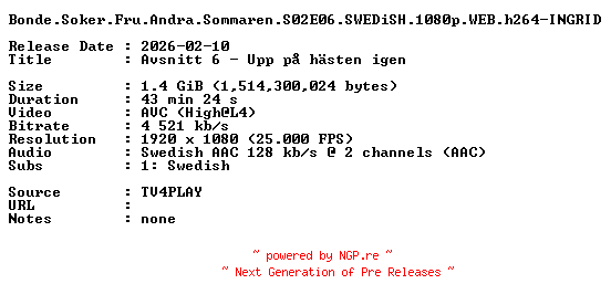 NFO for the release Bonde.Soker.Fru.Andra.Sommaren.S02E06.SWEDiSH.1080p.WEB.h264-INGRID by INGRID