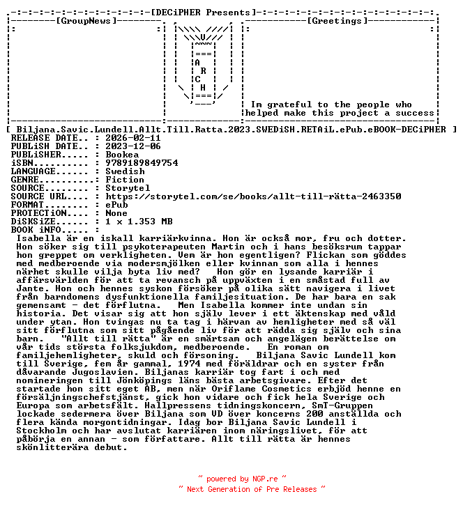 NFO for the release Biljana.Savic.Lundell.Allt.Till.Ratta.2023.SWEDiSH.RETAiL.ePub.eBOOK-DECiPHER by DECiPHER