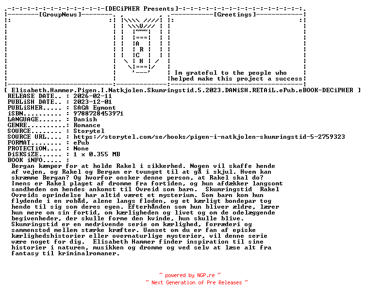 NFO for the release Elisabeth.Hammer.Pigen.I.Natkjolen.Skumringstid.5.2023.DANiSH.RETAiL.ePub.eBOOK-DECiPHER by DECiPHER