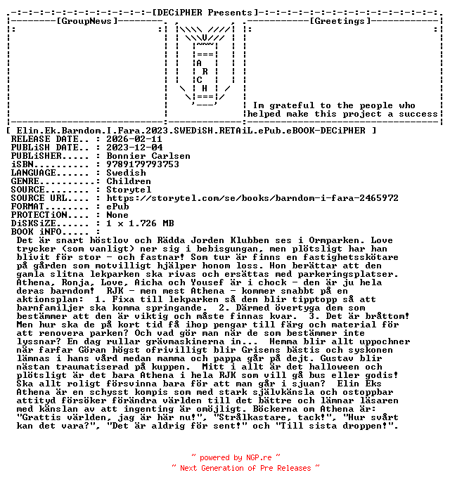 NFO for the release Elin.Ek.Barndom.I.Fara.2023.SWEDiSH.RETAiL.ePub.eBOOK-DECiPHER by DECiPHER