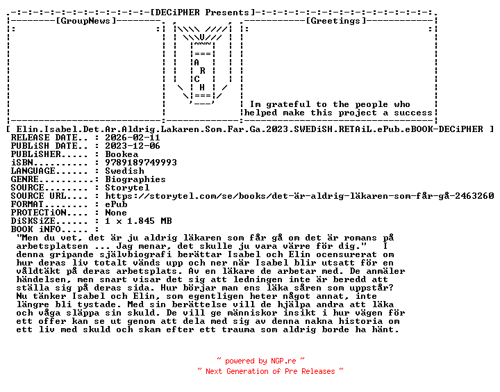 NFO for the release Elin.Isabel.Det.Ar.Aldrig.Lakaren.Som.Far.Ga.2023.SWEDiSH.RETAiL.ePub.eBOOK-DECiPHER by DECiPHER