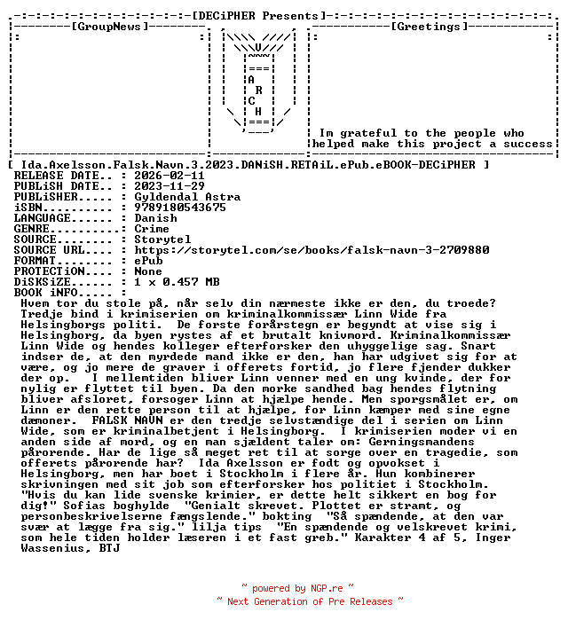 NFO for the release Ida.Axelsson.Falsk.Navn.3.2023.DANiSH.RETAiL.ePub.eBOOK-DECiPHER by DECiPHER
