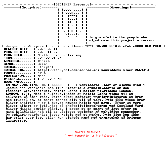 NFO for the release Jacqueline.Winspear.I.Vanviddets.Kloeer.2023.DANiSH.RETAiL.ePub.eBOOK-DECiPHER by DECiPHER