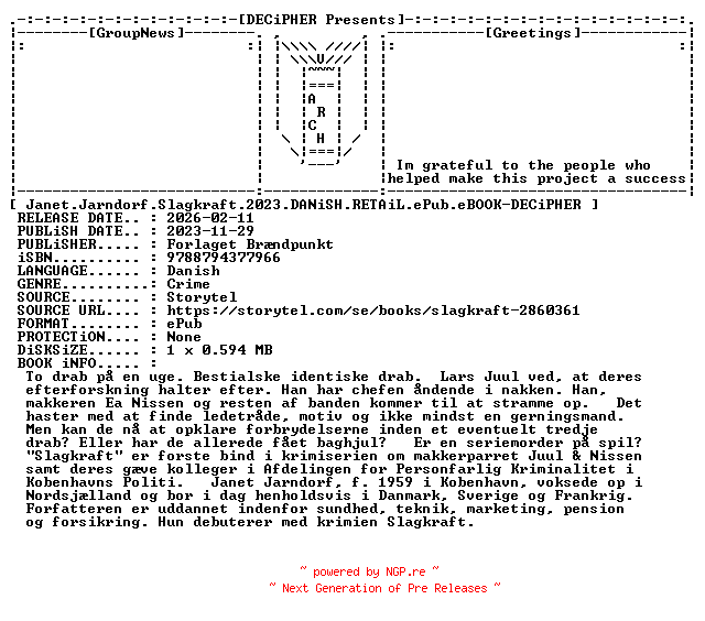 NFO for the release Janet.Jarndorf.Slagkraft.2023.DANiSH.RETAiL.ePub.eBOOK-DECiPHER by DECiPHER