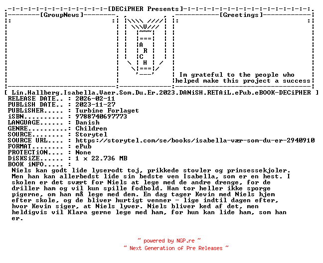 NFO for the release Lin.Hallberg.Isabella.Vaer.Som.Du.Er.2023.DANiSH.RETAiL.ePub.eBOOK-DECiPHER by DECiPHER