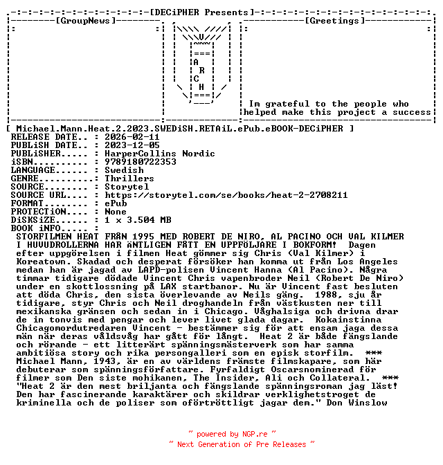 NFO for the release Michael.Mann.Heat.2.2023.SWEDiSH.RETAiL.ePub.eBOOK-DECiPHER by DECiPHER