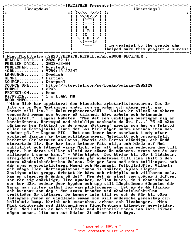 NFO for the release Nino.Mick.Vulcan.2023.SWEDiSH.RETAiL.ePub.eBOOK-DECiPHER by DECiPHER
