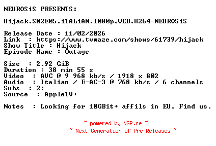 NFO for the release Hijack.S02E05.iTALiAN.1080p.WEB.H264-NEUROSiS by NEUROSiS