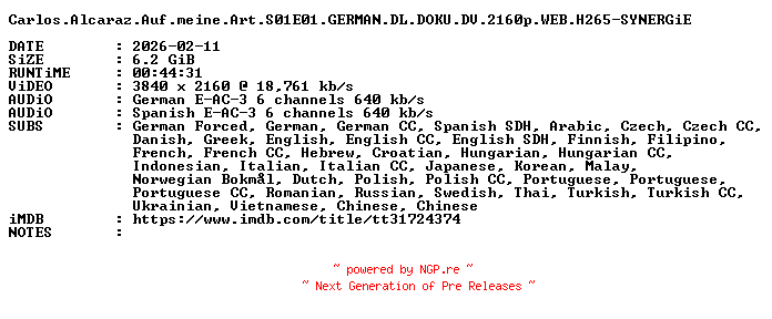 NFO for the release Carlos.Alcaraz.Auf.meine.Art.S01E01.GERMAN.DL.DOKU.DV.2160p.WEB.H265-SYNERGiE by SYNERGiE