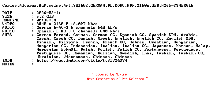 NFO for the release Carlos.Alcaraz.Auf.meine.Art.S01E02.GERMAN.DL.DOKU.HDR.2160p.WEB.H265-SYNERGiE by SYNERGiE
