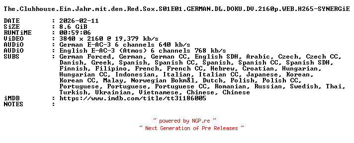 NFO for the release The.Clubhouse.Ein.Jahr.mit.den.Red.Sox.S01E01.GERMAN.DL.DOKU.DV.2160p.WEB.H265-SYNERGiE by SYNERGiE