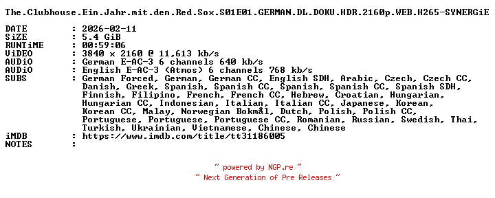 NFO for the release The.Clubhouse.Ein.Jahr.mit.den.Red.Sox.S01E01.GERMAN.DL.DOKU.HDR.2160p.WEB.H265-SYNERGiE by SYNERGiE