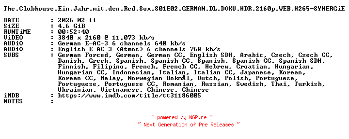 NFO for the release The.Clubhouse.Ein.Jahr.mit.den.Red.Sox.S01E02.GERMAN.DL.DOKU.HDR.2160p.WEB.H265-SYNERGiE by SYNERGiE