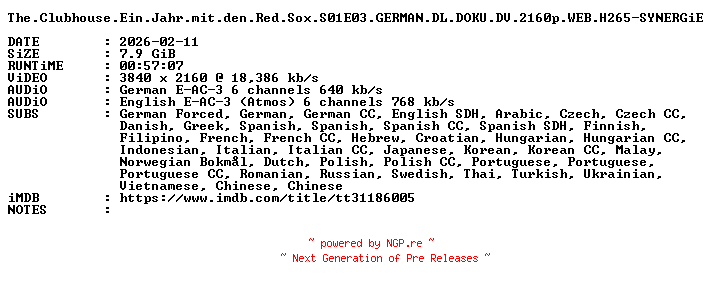NFO for the release The.Clubhouse.Ein.Jahr.mit.den.Red.Sox.S01E03.GERMAN.DL.DOKU.DV.2160p.WEB.H265-SYNERGiE by SYNERGiE