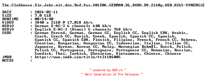 NFO for the release The.Clubhouse.Ein.Jahr.mit.den.Red.Sox.S01E06.GERMAN.DL.DOKU.DV.2160p.WEB.H265-SYNERGiE by SYNERGiE