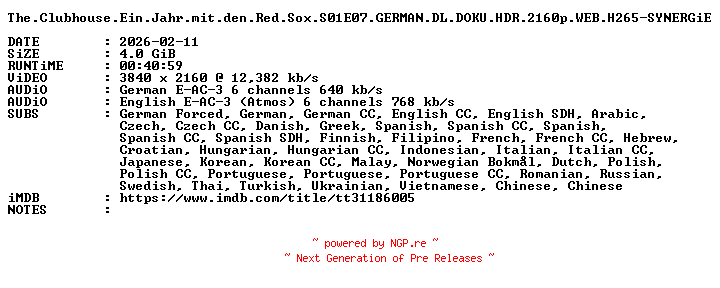 NFO for the release The.Clubhouse.Ein.Jahr.mit.den.Red.Sox.S01E07.GERMAN.DL.DOKU.HDR.2160p.WEB.H265-SYNERGiE by SYNERGiE