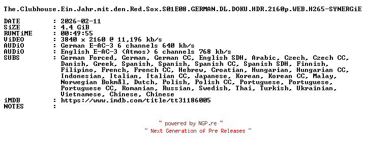NFO for the release The.Clubhouse.Ein.Jahr.mit.den.Red.Sox.S01E08.GERMAN.DL.DOKU.HDR.2160p.WEB.H265-SYNERGiE by SYNERGiE