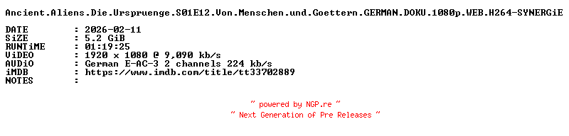 NFO for the release Ancient.Aliens.Die.Urspruenge.S01E12.Von.Menschen.und.Goettern.GERMAN.DOKU.1080p.WEB.H264-SYNERGiE by SYNERGiE