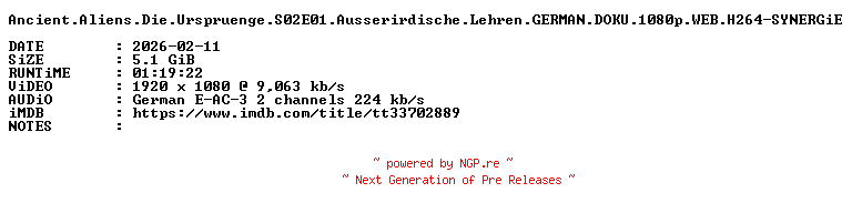 NFO for the release Ancient.Aliens.Die.Urspruenge.S02E01.Ausserirdische.Lehren.GERMAN.DOKU.1080p.WEB.H264-SYNERGiE by SYNERGiE