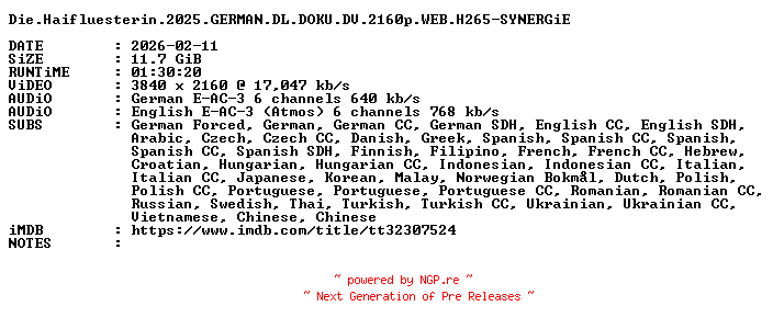 NFO for the release Die.Haifluesterin.2025.GERMAN.DL.DOKU.DV.2160p.WEB.H265-SYNERGiE by SYNERGiE