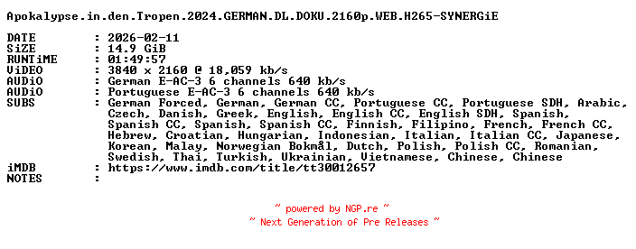 NFO for the release Apokalypse.in.den.Tropen.2024.GERMAN.DL.DOKU.2160p.WEB.H265-SYNERGiE by SYNERGiE