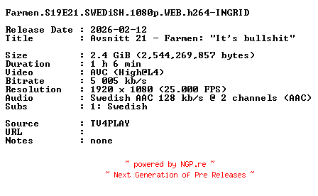 NFO for the release Farmen.S19E21.SWEDiSH.1080p.WEB.h264-INGRID by INGRID
