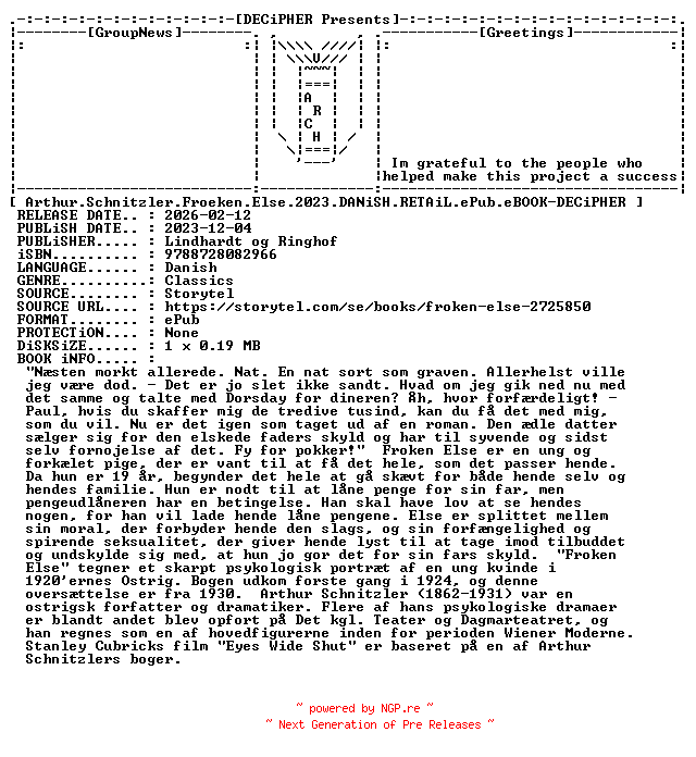 NFO for the release Arthur.Schnitzler.Froeken.Else.2023.DANiSH.RETAiL.ePub.eBOOK-DECiPHER by DECiPHER