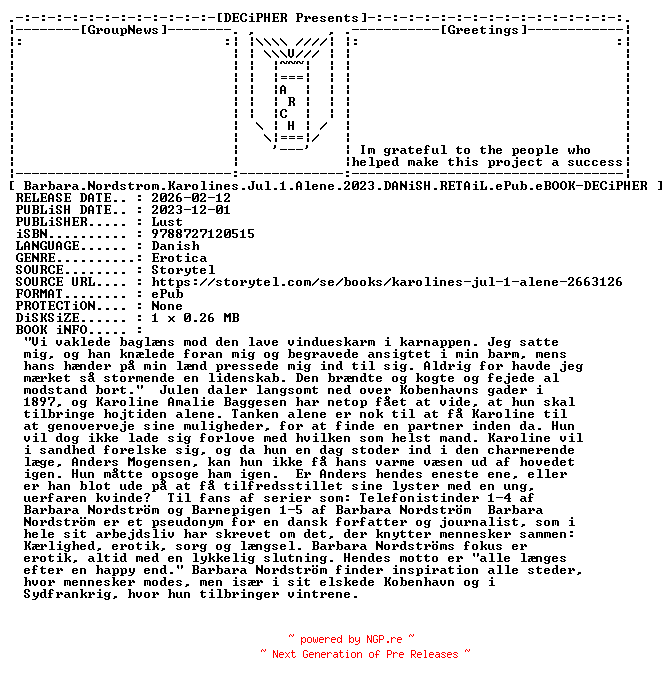 NFO for the release Barbara.Nordstrom.Karolines.Jul.1.Alene.2023.DANiSH.RETAiL.ePub.eBOOK-DECiPHER by DECiPHER