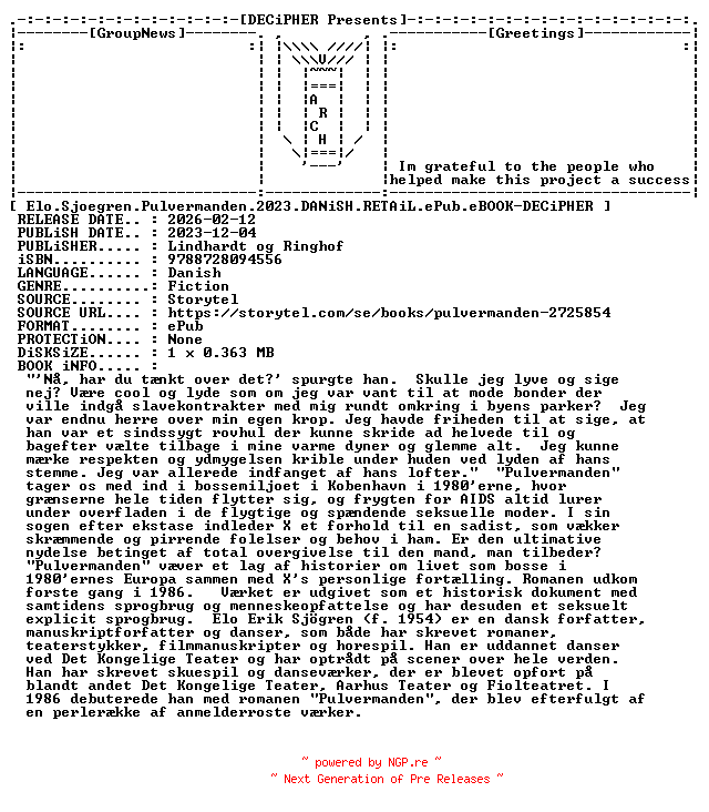 NFO for the release Elo.Sjoegren.Pulvermanden.2023.DANiSH.RETAiL.ePub.eBOOK-DECiPHER by DECiPHER