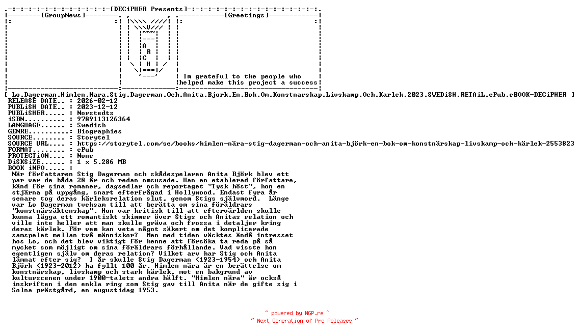 NFO for the release Lo.Dagerman.Himlen.Nara.Stig.Dagerman.Och.Anita.Bjork.En.Bok.Om.Konstnarskap.Livskamp.Och.Karlek.2023.SWEDiSH.RETAiL.ePub.eBOOK-DECiPHER by DECiPHER
