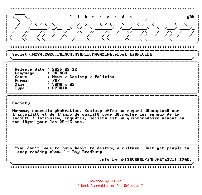 NFO for the release Society.N274.2026.FRENCH.HYBRiD.MAGAZiNE.eBook-LiBRiCiDE by LiBRiCiDE