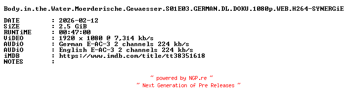 NFO for the release Body.in.the.Water.Moerderische.Gewaesser.S01E03.GERMAN.DL.DOKU.1080p.WEB.H264-SYNERGiE by SYNERGiE