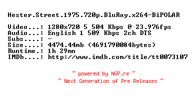 NFO for the release Hester.Street.1975.720p.BluRay.x264-BiPOLAR by BiPOLAR