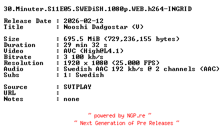 NFO for the release 30.Minuter.S11E05.SWEDiSH.1080p.WEB.h264-INGRID by INGRID