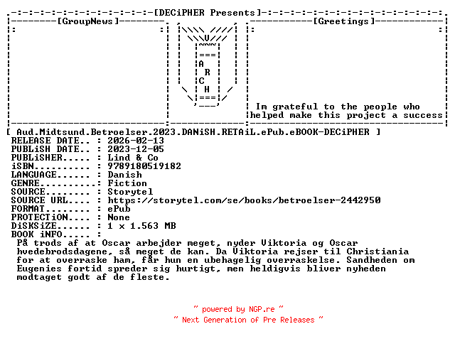 NFO for the release Aud.Midtsund.Betroelser.2023.DANiSH.RETAiL.ePub.eBOOK-DECiPHER by DECiPHER